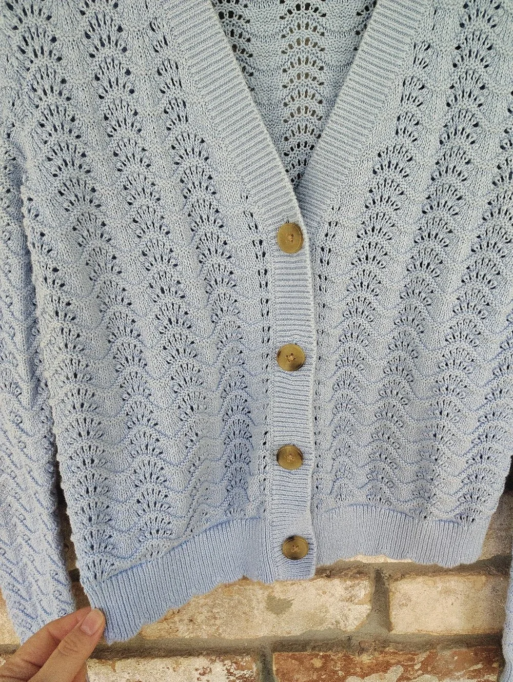 LOFT Light Blue Pointelle Knit Cardigan Sweater Womens Size XS Scalloped Cropped